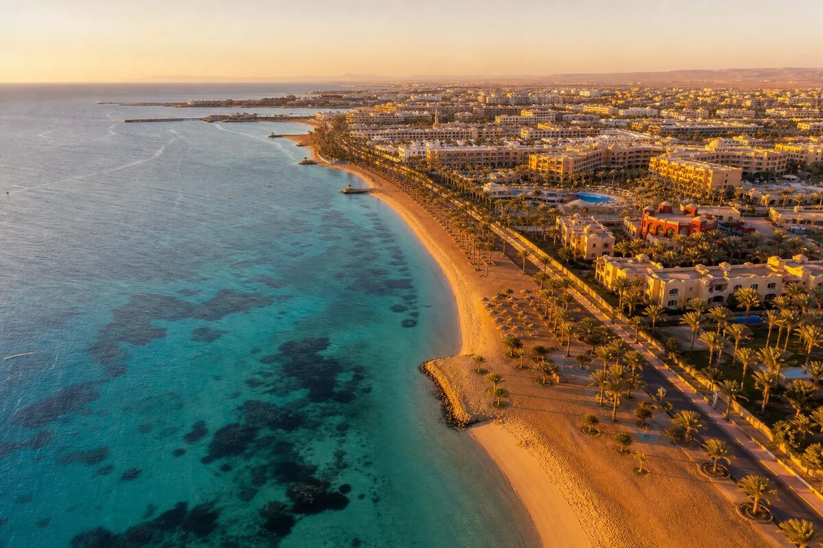 Aerial view of Hurghada coastline at golden hour